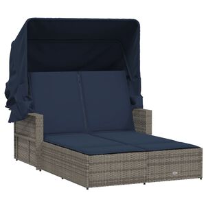vidaXL Double Sun Lounger with Canopy and Cushions Grey Poly Rattan