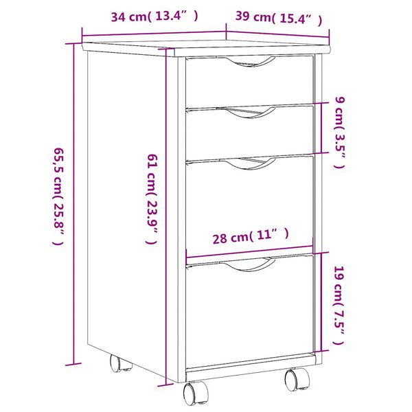 vidaXL Rolling Cabinet with Drawers MOSS White Solid Wood Pine