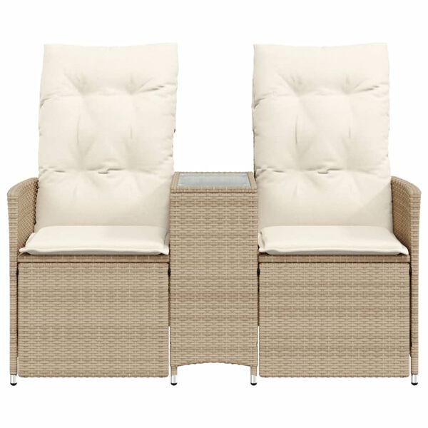 vidaXL Reclining Garden Sofa 2-Seater with Table Beige Poly Rattan