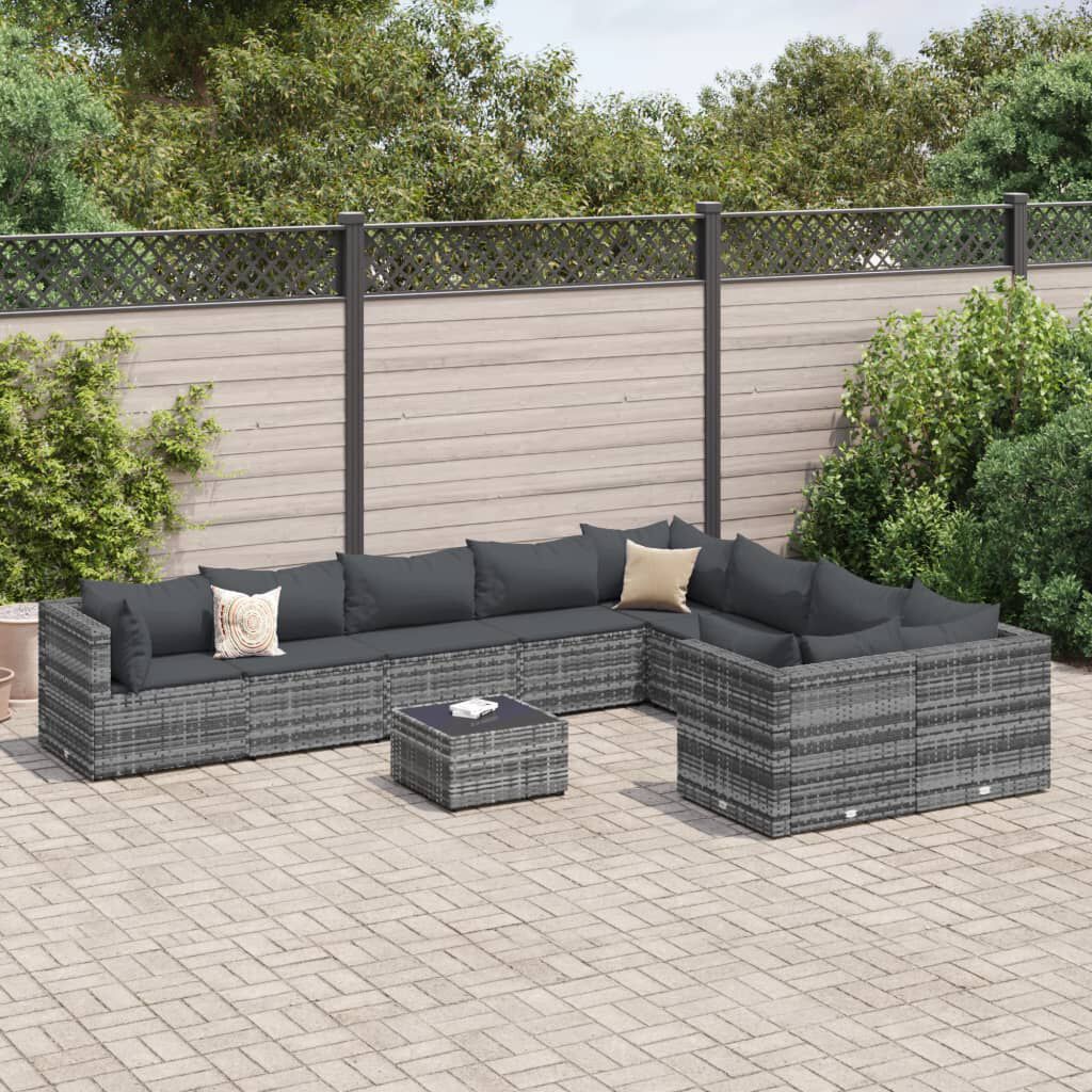 vidaXL 10 Piece Garden Sofa Set with Cushions Grey Poly Rattan