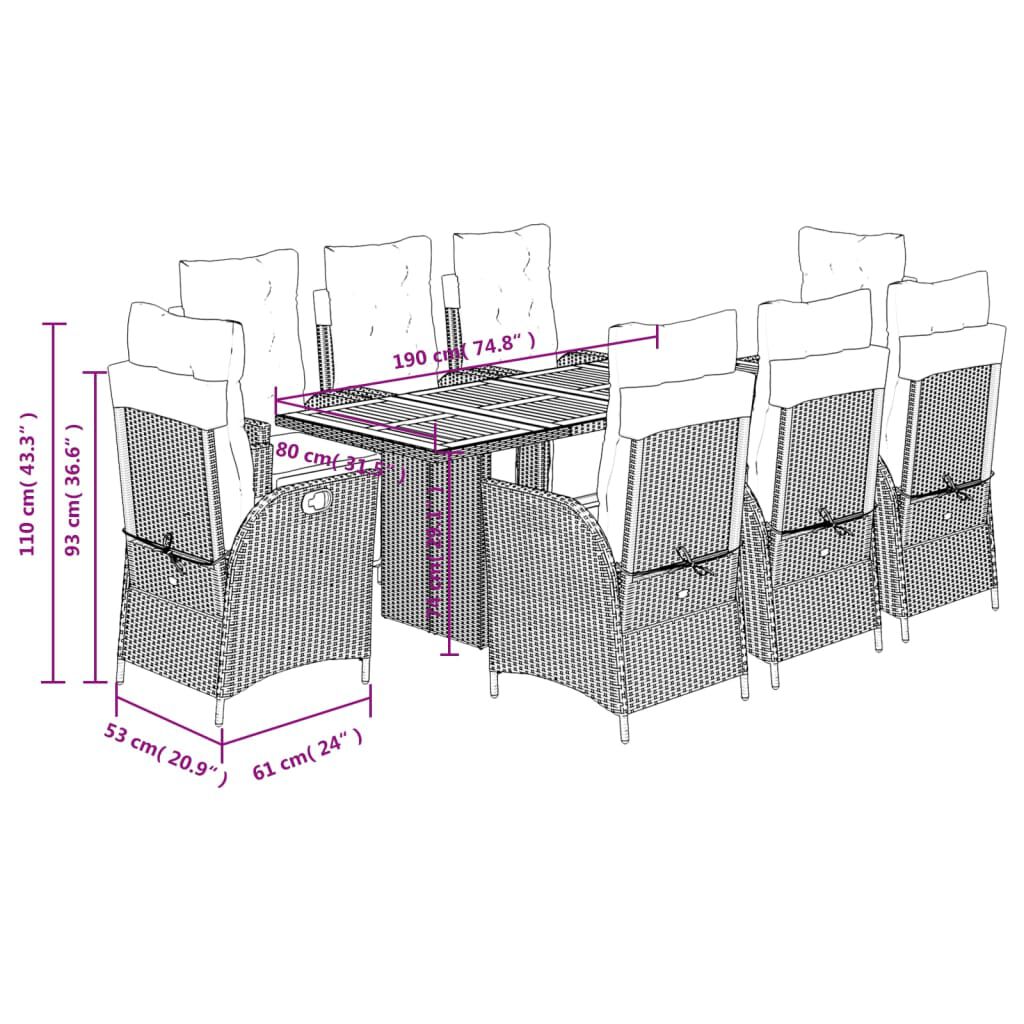 vidaXL 9 Piece Garden Dining Set with Cushions Grey Poly Rattan