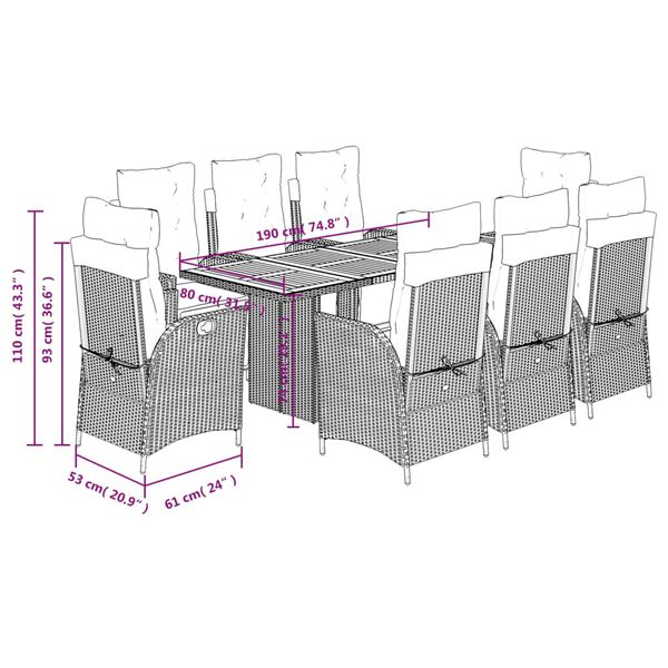 vidaXL 9 Piece Garden Dining Set with Cushions Grey Poly Rattan