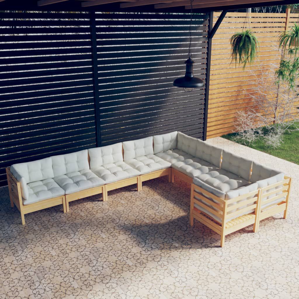 vidaXL 9 Piece Garden Lounge Set with Cream Cushions Pinewood