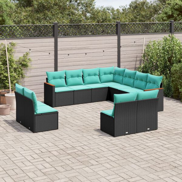 vidaXL 11 Piece Garden Sofa Set with Cushions Black Poly Rattan