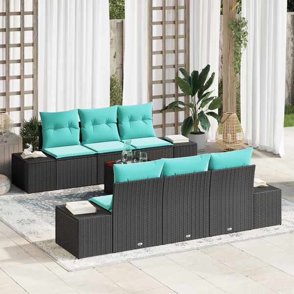 vidaXL 7 Piece Garden Sofa Set with Cushions Black Poly Rattan Acacia