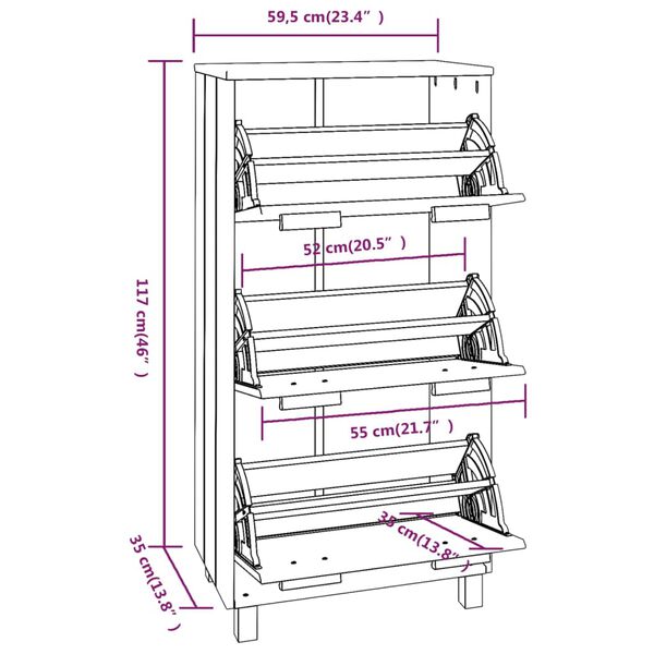 vidaXL Shoe Cabinet HAMAR Dark Grey 59.5x35x117 cm Solid Wood Pine