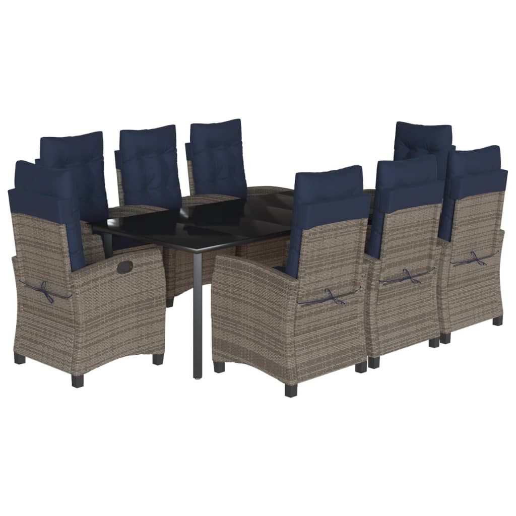 vidaXL 9 Piece Garden Dining Set with Cushions Grey Poly Rattan