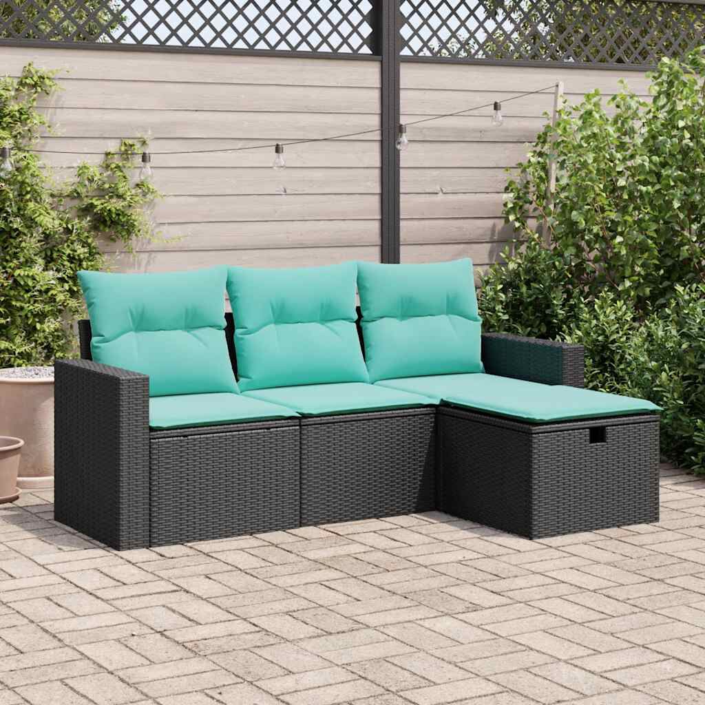 vidaXL 4 Piece Garden Sofa Set with Cushions Black Poly Rattan