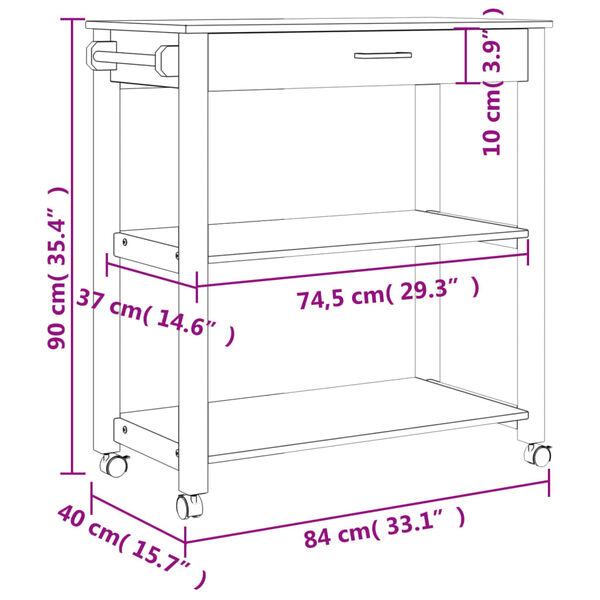 vidaXL Kitchen Trolley MONZA 84x40x90 cm Solid Wood Pine