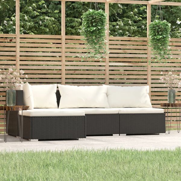 vidaXL 4 Piece Garden Lounge Set with Cushions Black Poly Rattan