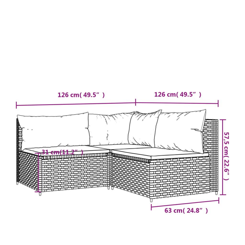 vidaXL 3 Piece Garden Lounge Set with Cushions Black Poly Rattan
