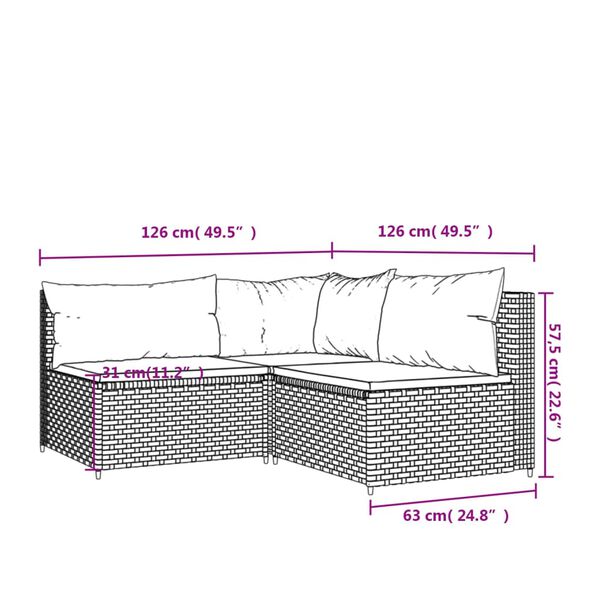 vidaXL 3 Piece Garden Lounge Set with Cushions Black Poly Rattan