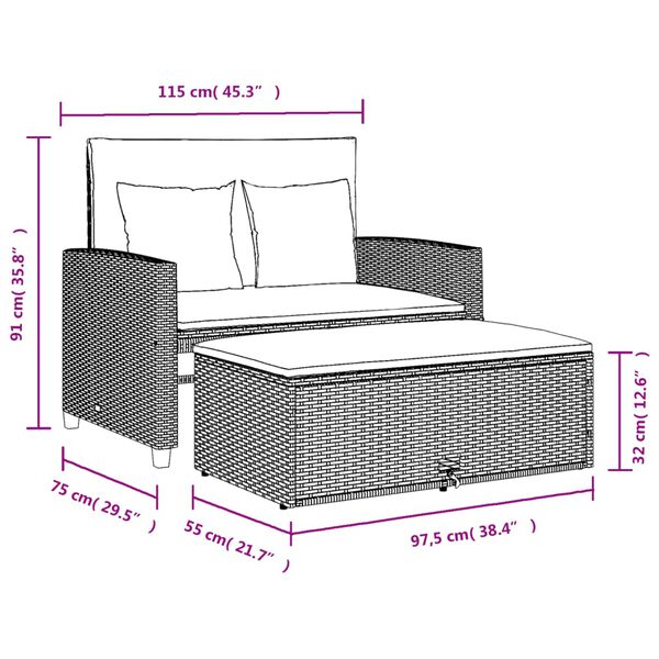 vidaXL Garden Sofa with Cushions 2-Seater Black Poly Rattan