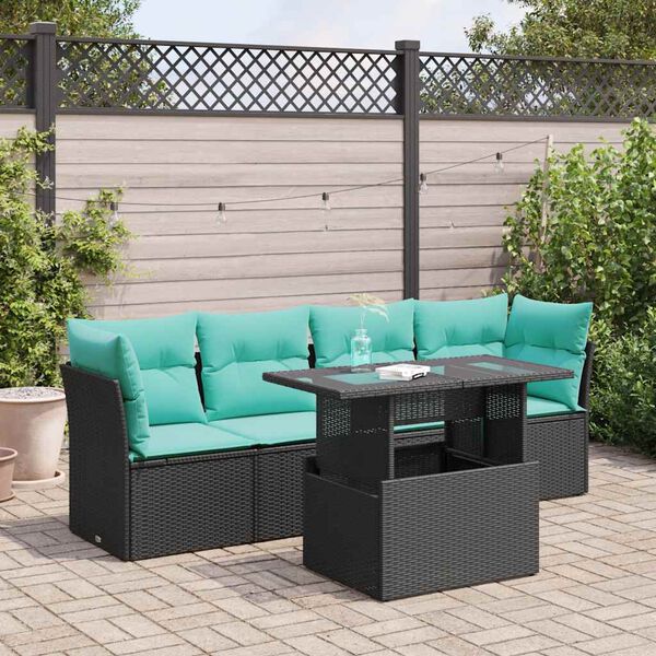 vidaXL 5 Piece Garden Sofa Set with Cushions Black Poly Rattan Acacia