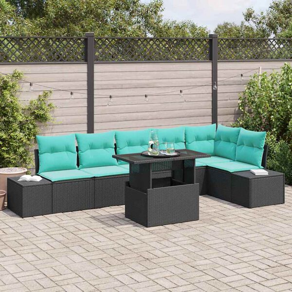 vidaXL Garden Sofa Set with Cushion 7 pcs Black Poly Rattan