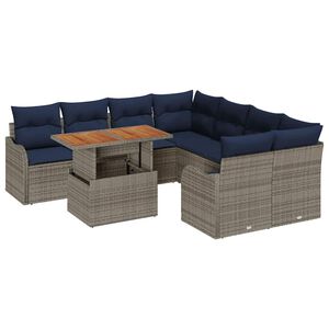 vidaXL Garden Sofa Set 9 pcs Grey and Navy Blue Poly Rattan