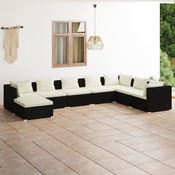 vidaXL 8 Piece Garden Lounge Set with Cushions Poly Rattan Black