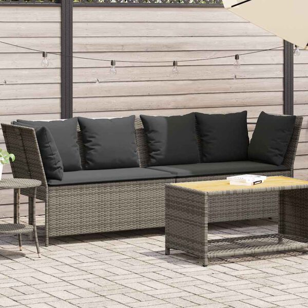 vidaXL Garden Sofa with Cushions Grey Poly Rattan