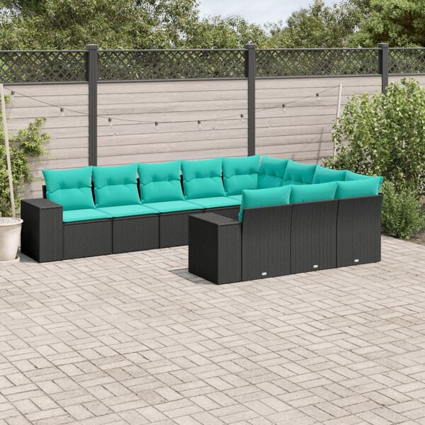 vidaXL 10 Piece Garden Sofa Set with Cushions Black Poly Rattan