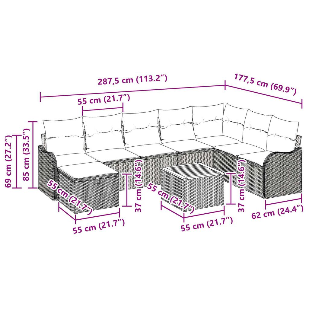 vidaXL 9 Piece Garden Sofa Set with Cushions Grey Poly Rattan