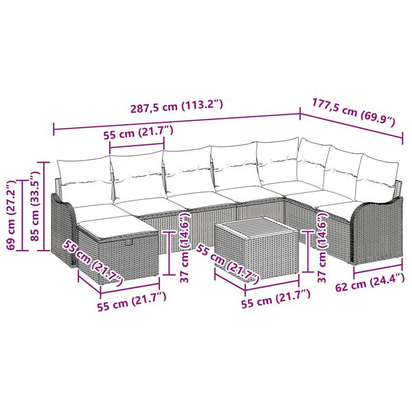 vidaXL 9 Piece Garden Sofa Set with Cushions Grey Poly Rattan