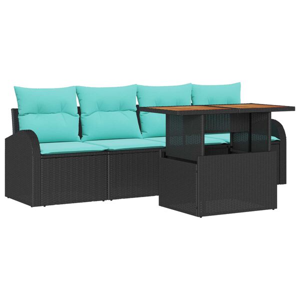 vidaXL 5 Piece Garden Sofa Set with Cushions Black Poly Rattan Acacia