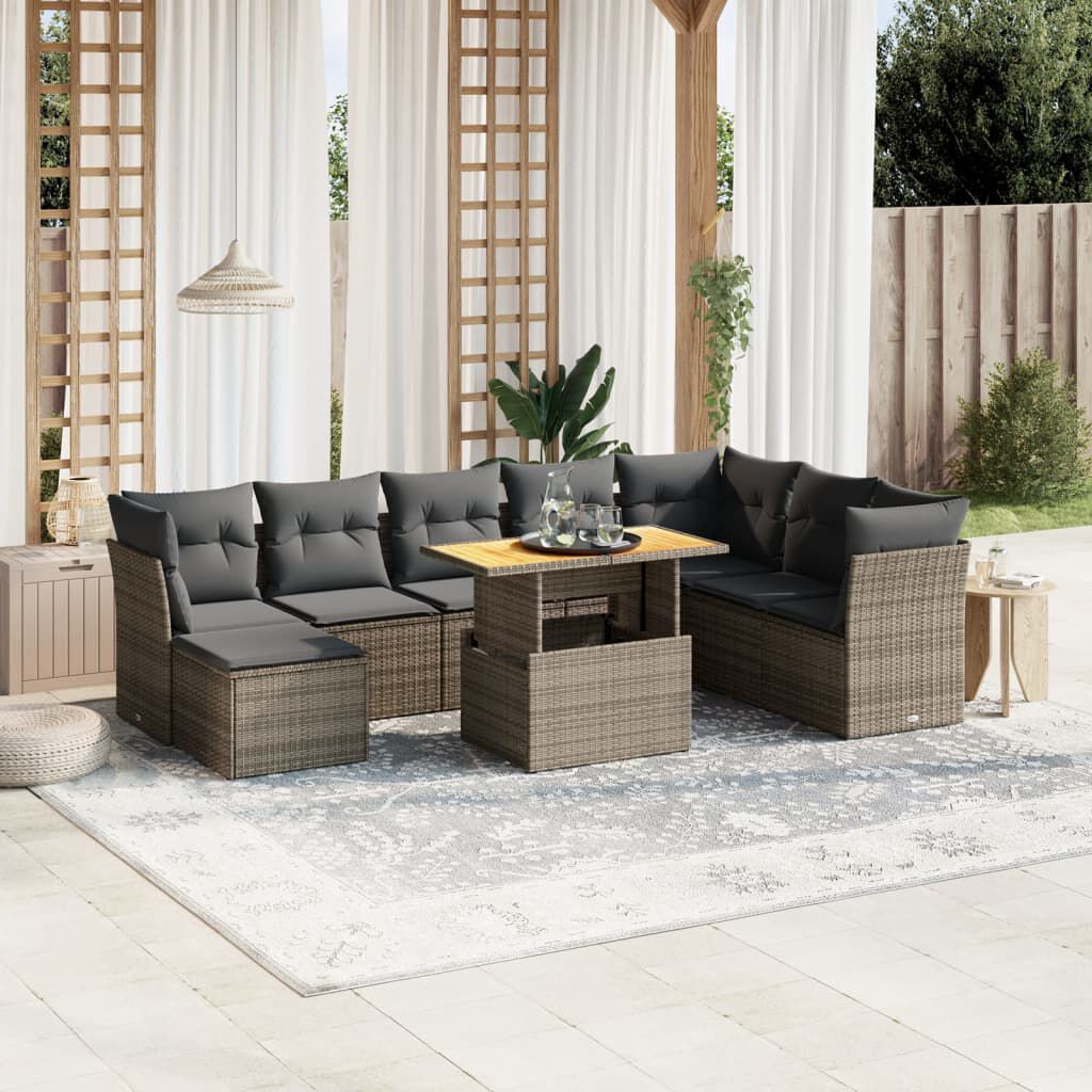 vidaXL 9 Piece Garden Sofa Set with Cushions Grey Poly Rattan