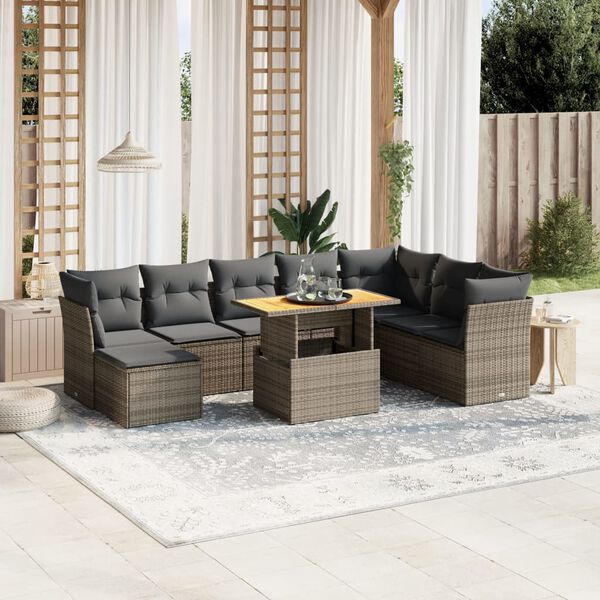 vidaXL 9 Piece Garden Sofa Set with Cushions Grey Poly Rattan