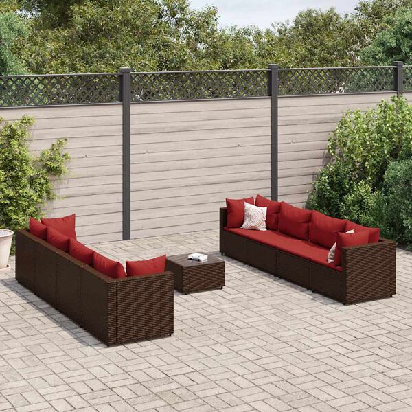 vidaXL 9 Piece Garden Lounge Set with Cushions Brown Poly Rattan