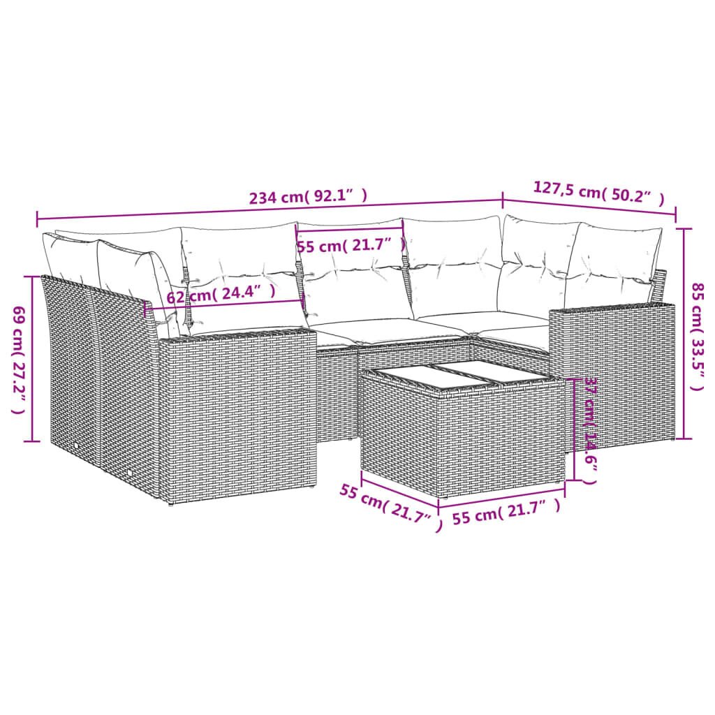 vidaXL 7 Piece Garden Sofa Set with Cushions Grey Poly Rattan