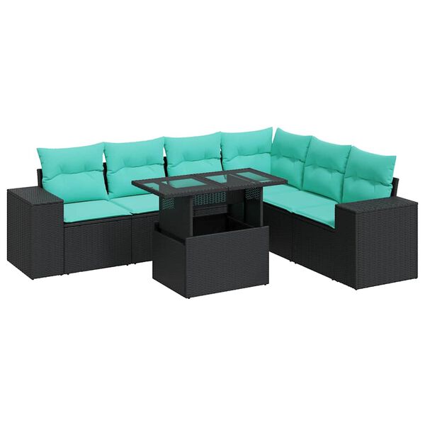vidaXL 7 Piece Garden Sofa Set with Cushions Black Poly Rattan Acacia