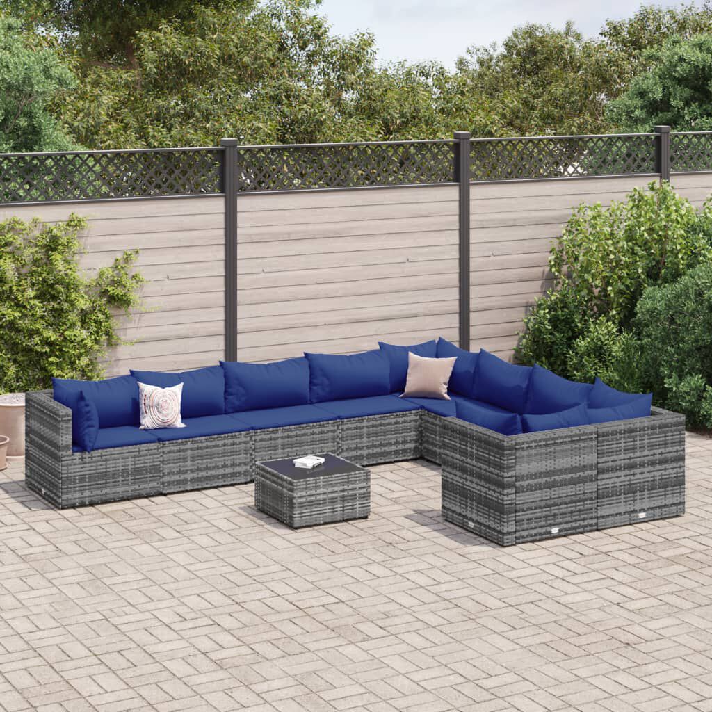 vidaXL 10 Piece Garden Sofa Set with Cushions Grey Poly Rattan