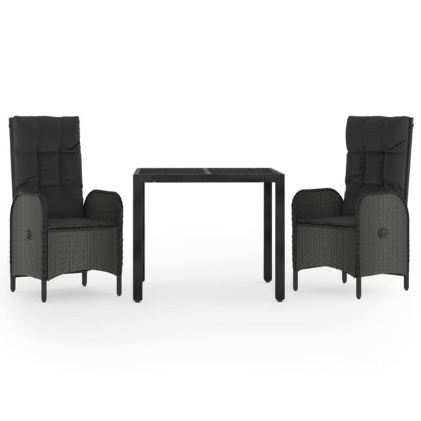 vidaXL 3 Piece Garden Dining Set with Cushions Black Poly Rattan