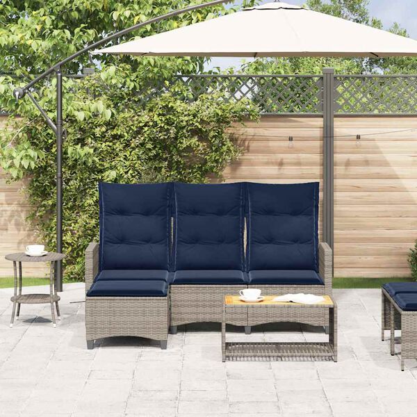 vidaXL Reclining Garden Sofa with Cushions L-shaped Grey Poly Rattan