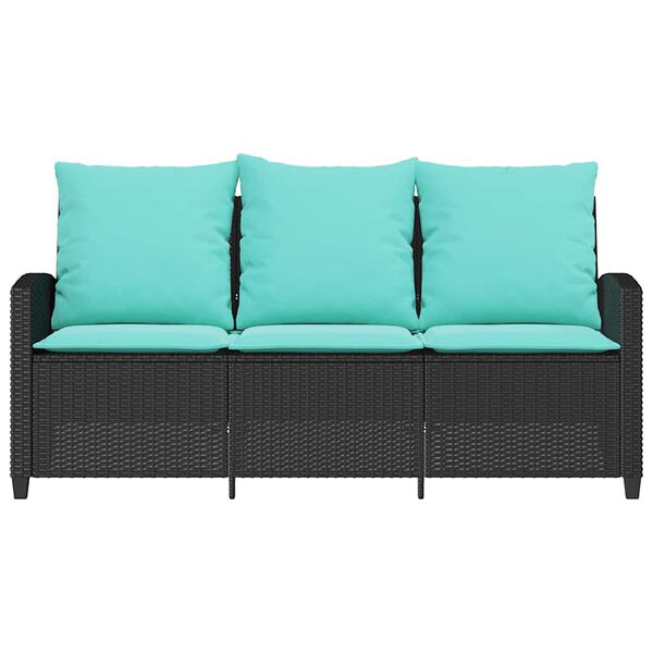 vidaXL Garden Sofa 3-Seater with Cushions&Table Black Poly Rattan