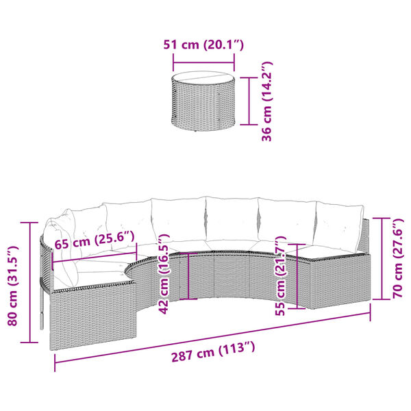 vidaXL Garden Sofa with Table and Cushions Half-Round Grey Poly Rattan
