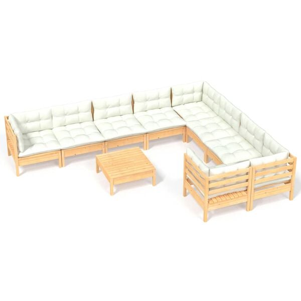 vidaXL 10 Piece Garden Lounge Set with Cream Cushions Pinewood