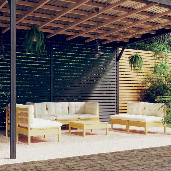 vidaXL 8 Piece Garden Lounge Set with Cream Cushions Solid Pinewood