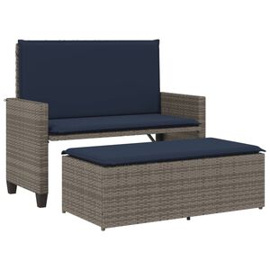 vidaXL Garden Bench with Cushions and Footstool Grey Poly Rattan