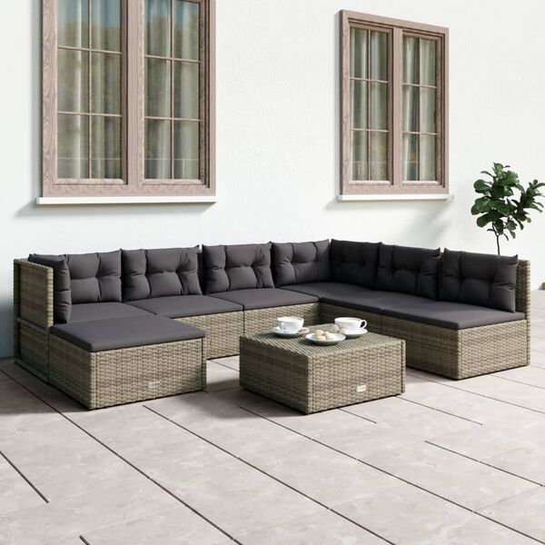 vidaXL 7 Piece Garden Lounge Set with Cushions Grey Poly Rattan