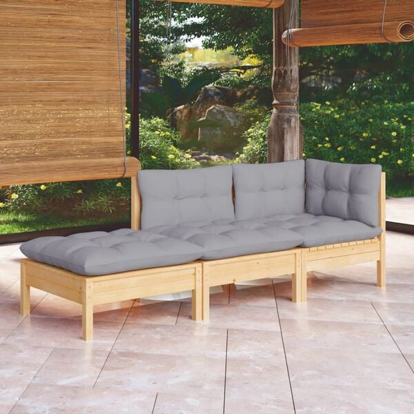 vidaXL 3 Piece Garden Lounge Set with Grey Cushions Solid Wood Pine