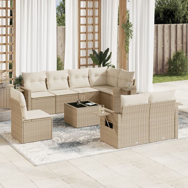 vidaXL 9 Piece Garden Sofa Set with Cushions Beige Poly Rattan