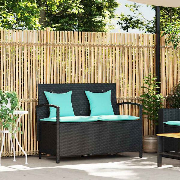 vidaXL Garden Storage Bench with Cushion Black Poly Rattan