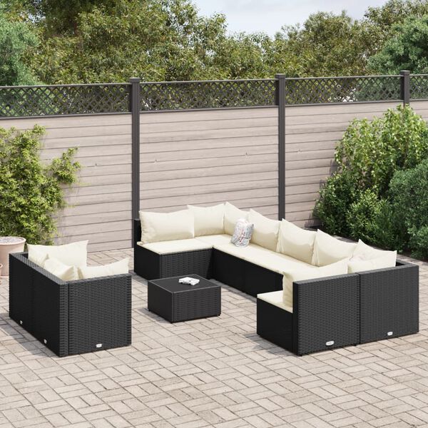 vidaXL 9 Piece Garden Sofa Set with Cushions Black Poly Rattan