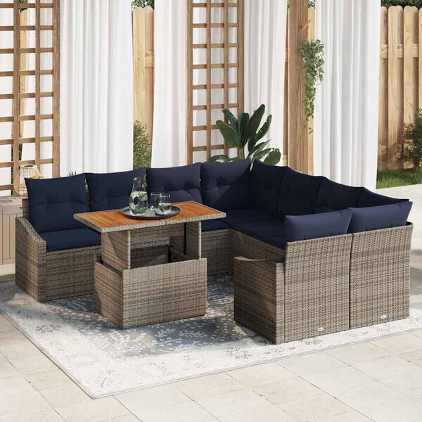 vidaXL Garden Dining Set with Cushion 9 pcs Grey and Navy