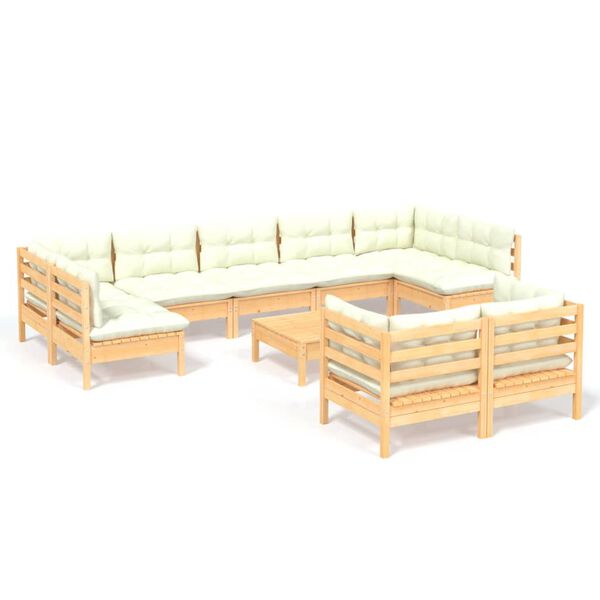 vidaXL 10 Piece Garden Lounge Set with Cream Cushions Solid Pinewood