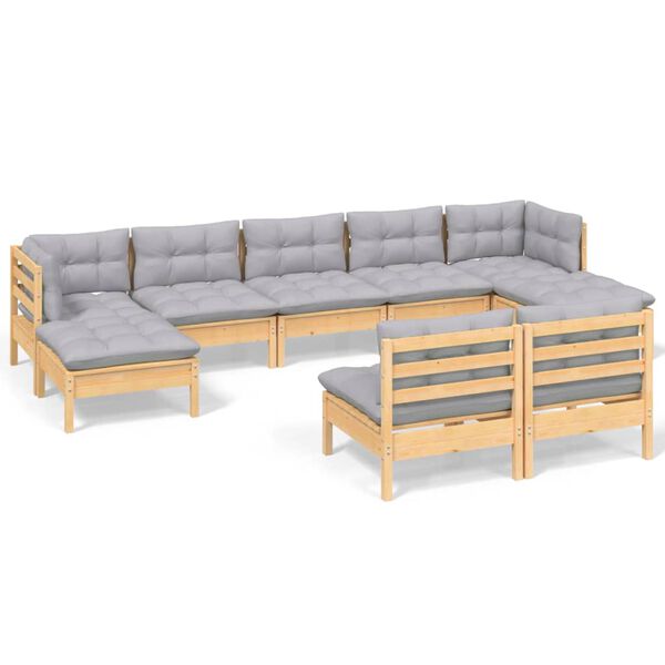 vidaXL 9 Piece Garden Lounge Set with Grey Cushions Pinewood