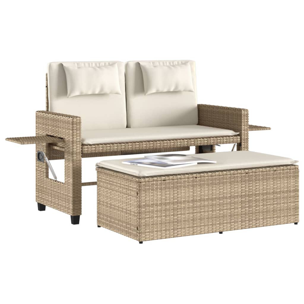 vidaXL Reclining Garden Bench with Cushions Beige Poly Rattan