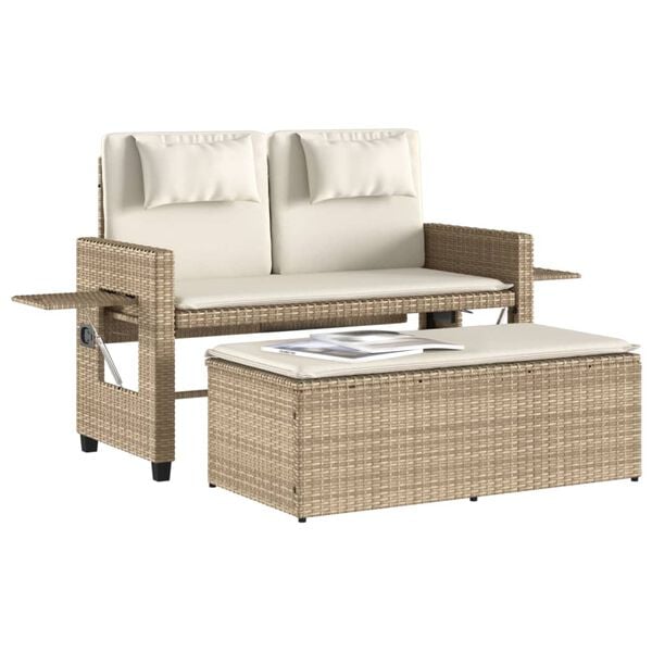 vidaXL Reclining Garden Bench with Cushions Beige Poly Rattan