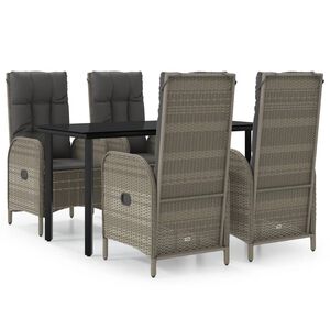 vidaXL 5 Piece Garden Dining Set with Cushions Black and Grey Poly Rattan